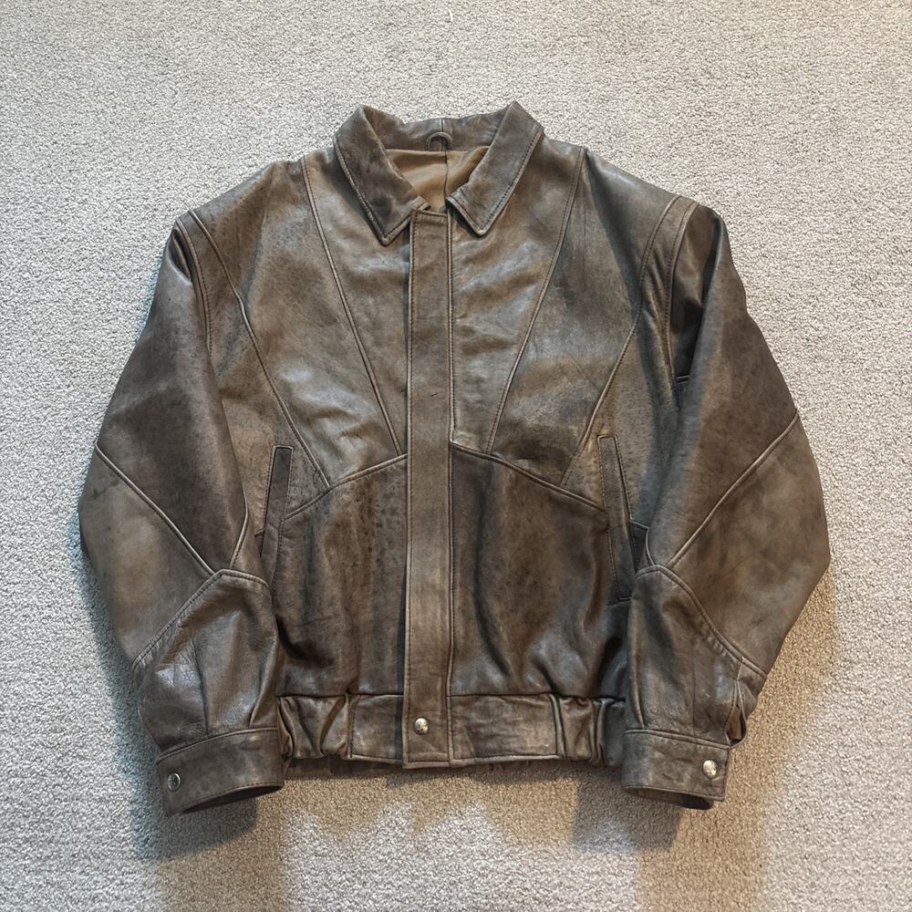 Vintage Vera Pelle Men’s Brown Poly Leather Bomber Jacket Made In Italy Sz 54